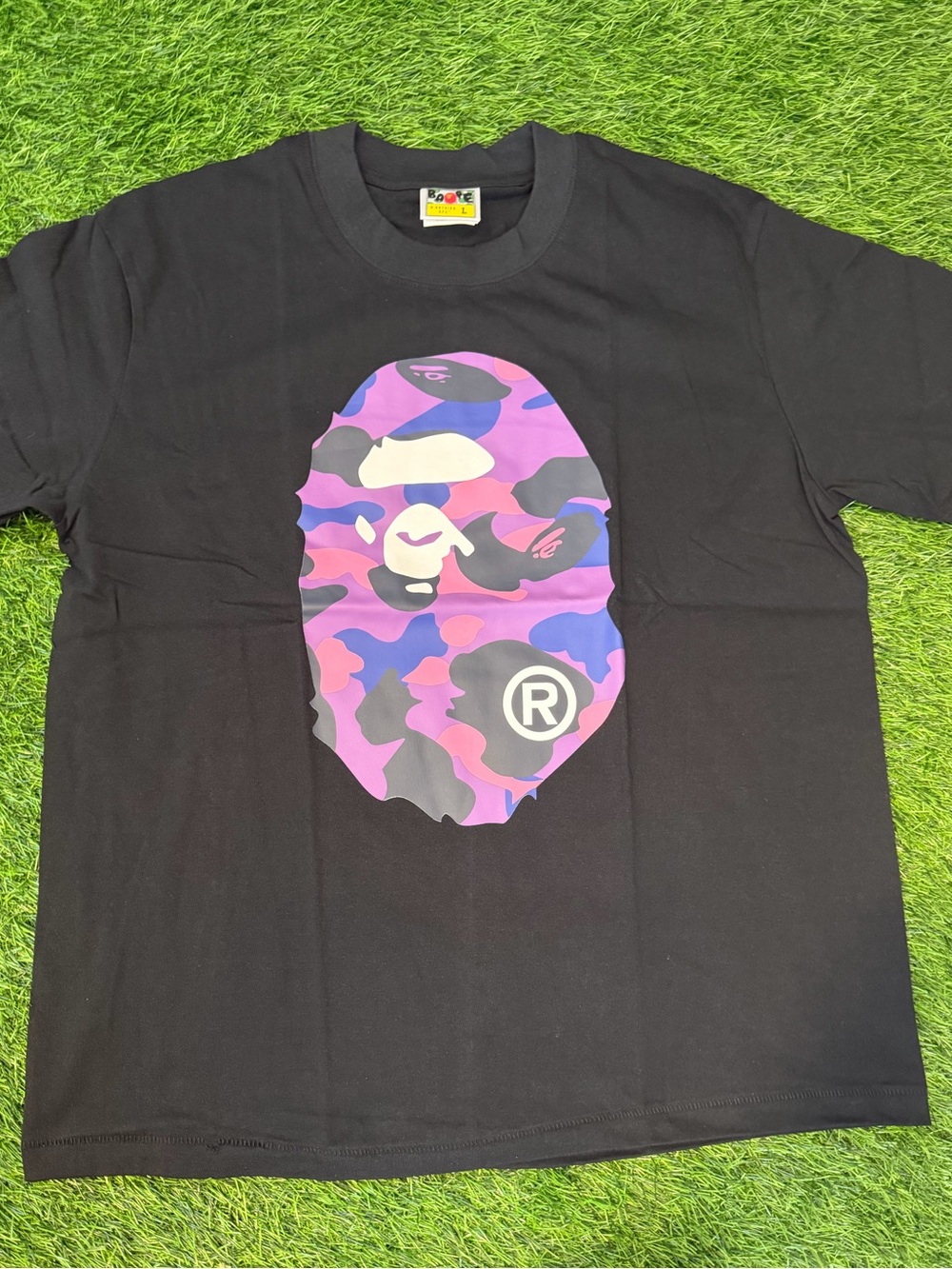 Bape Black Tee with Pink & Purple Camo Ape Head